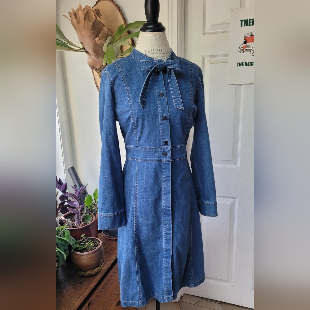 Madewell Denim Tie Neck Shirtdress Button Front Jean Dress Size 12 - Picture 5 of 13